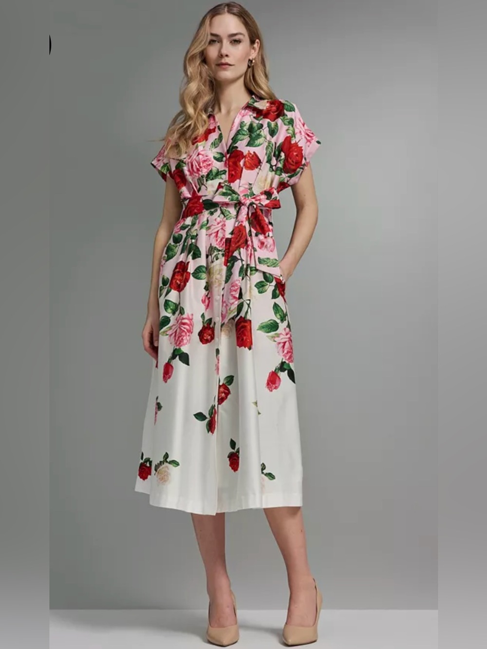 Karl Lagerfeld Paris Pink Floral Shirt Dress with Red & Pink Roses